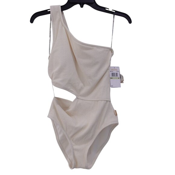 NWT MICHAEL Michael Kors One Piece Swimsuit Sz 8 Ivory One-Shoulder Side-Cutout - Picture 2 of 11